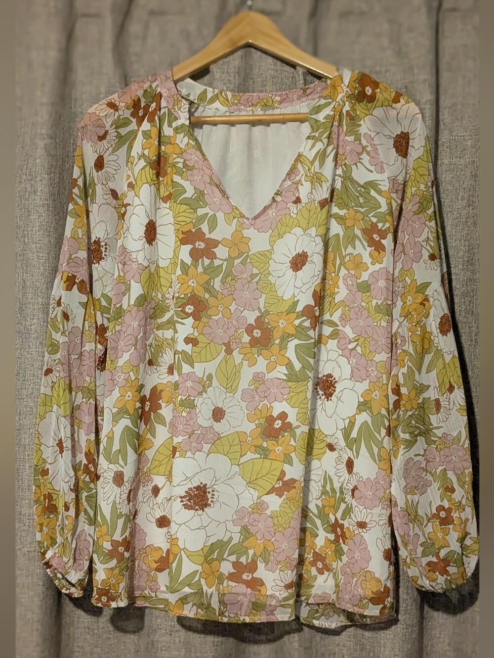 Cottagecore Retro Floral Blouse XL Long Sleeve Boho Topu